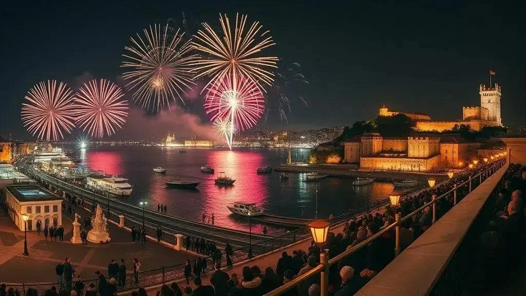 Conceptual elevated view of a riverside fireworks display Conceptual elevated view of a riverside fireworks display