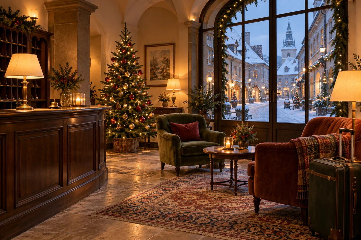 Conceptual European hotel interior at Christmas