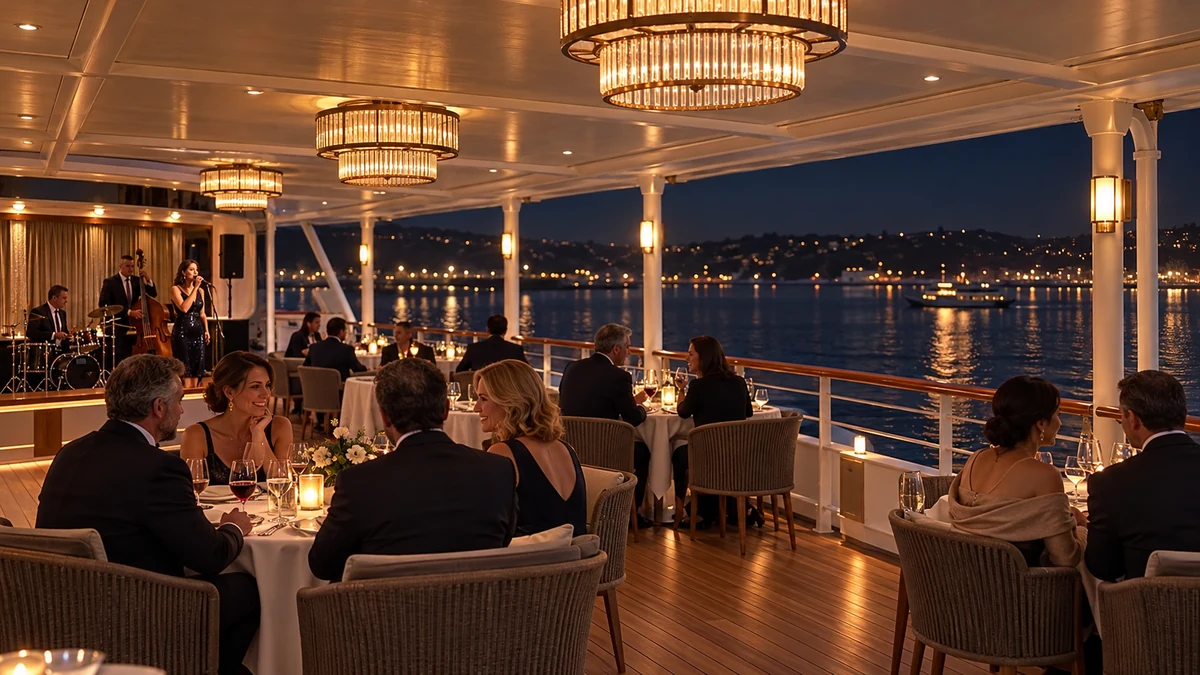 Conceptual evening celebration aboard a river cruise