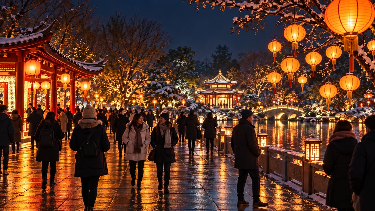 Conceptual evening scene of lanterns and winter lights