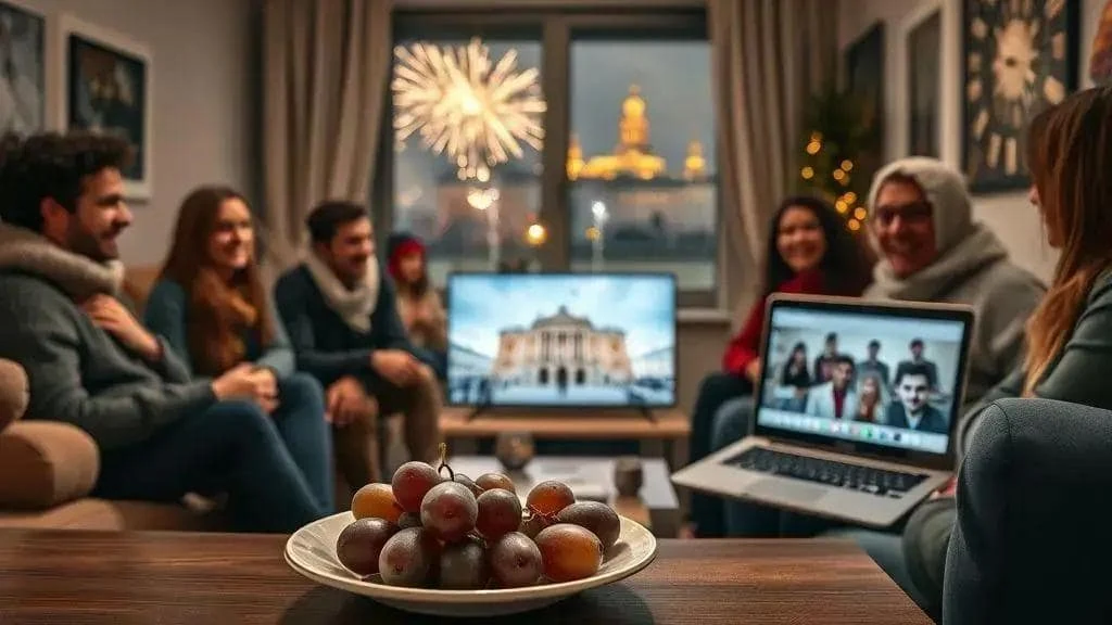 Conceptual family watching a New Year broadcast at home Conceptual family watching a New Year broadcast at home