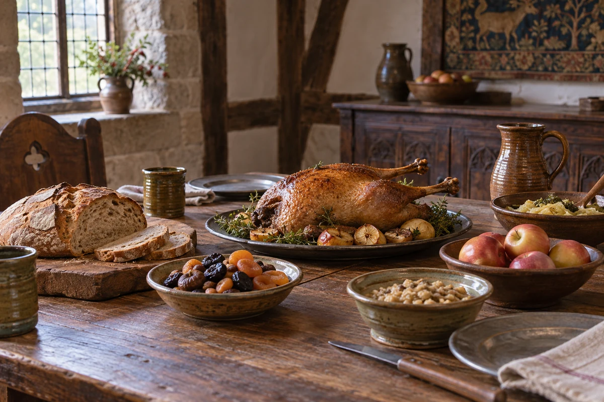 Conceptual historical festive table with roast goose bread and fruit