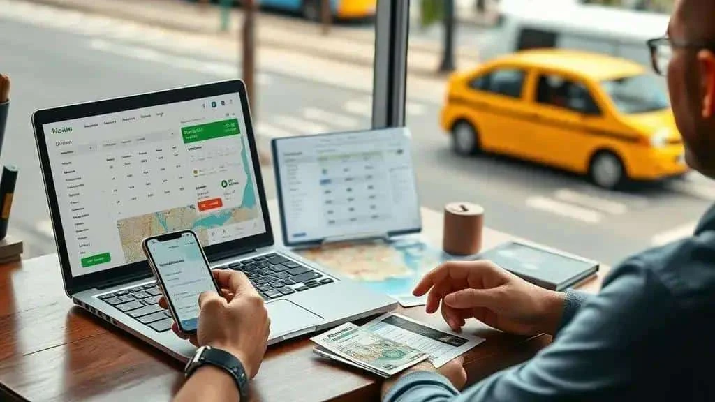 Conceptual holiday booking and budget planning scene