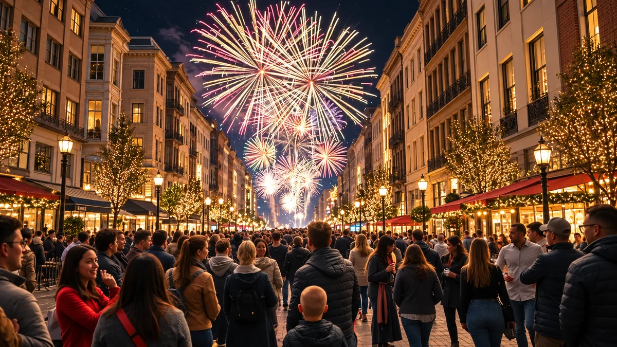 Conceptual illuminated city street during New Year celebrations