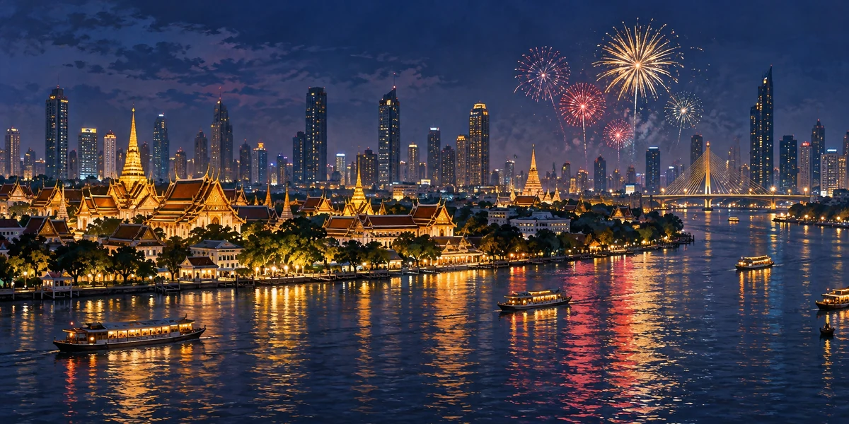 Conceptual illustration of a Bangkok-inspired New Year skyline