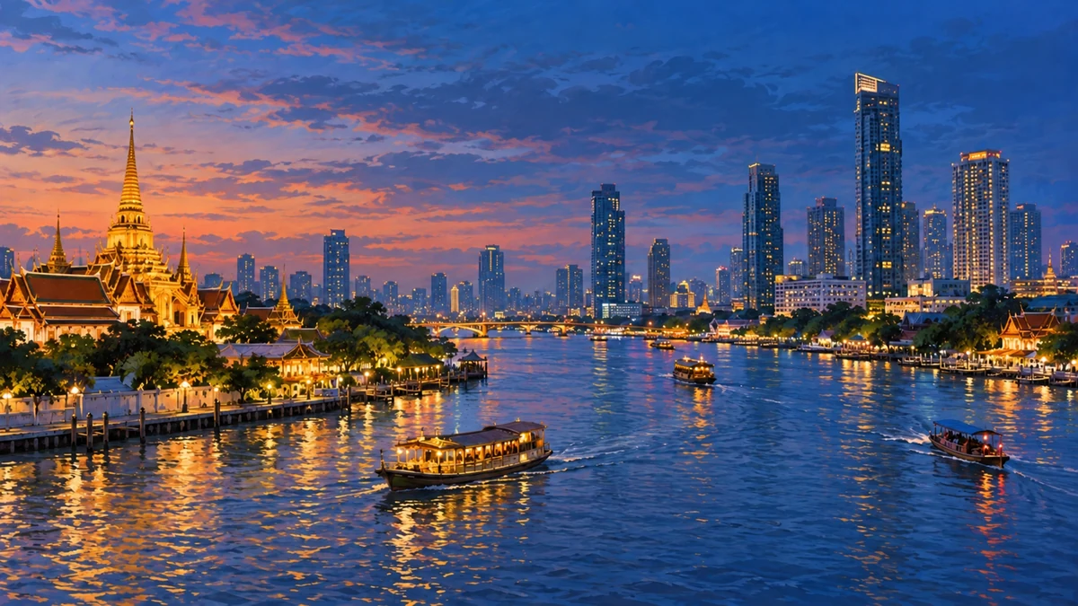 Conceptual illustration of a Bangkok-inspired riverside skyline at twilight