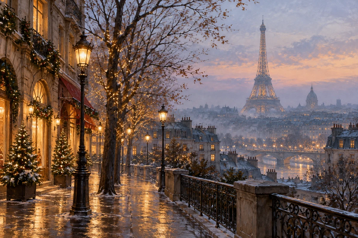 Conceptual illustration of a Paris-inspired festive winter street