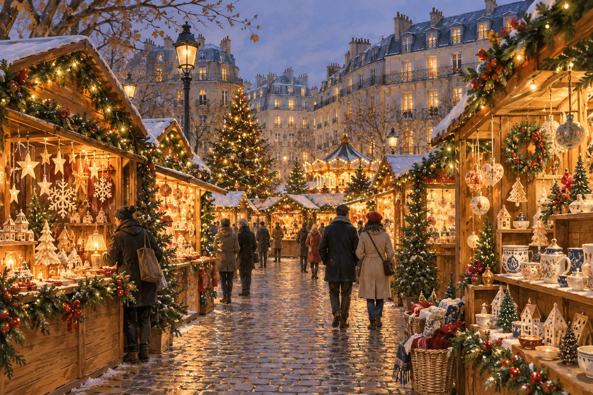 Conceptual illustration of a Paris-style Christmas market