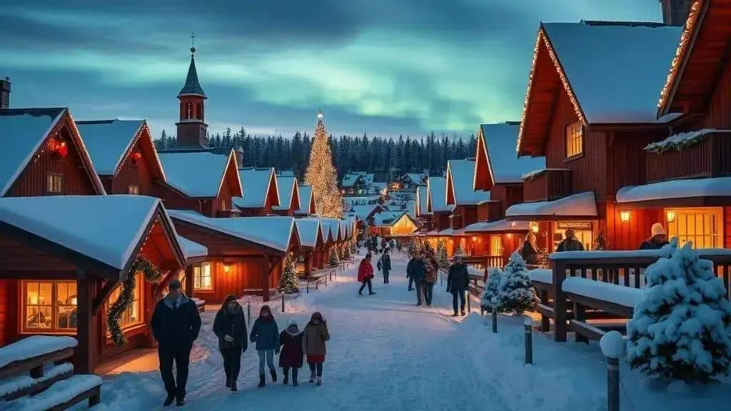 Conceptual illustration of a snowy festive village beneath the northern lights