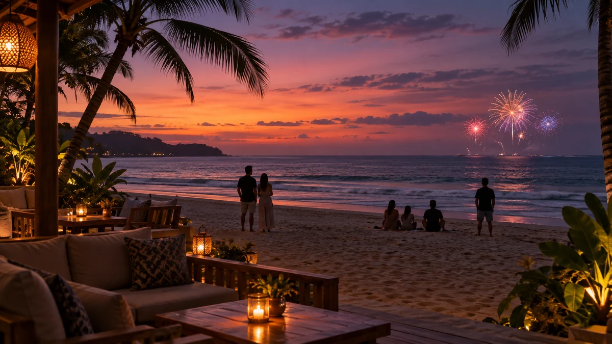 Conceptual illustration of a tropical New Year beach