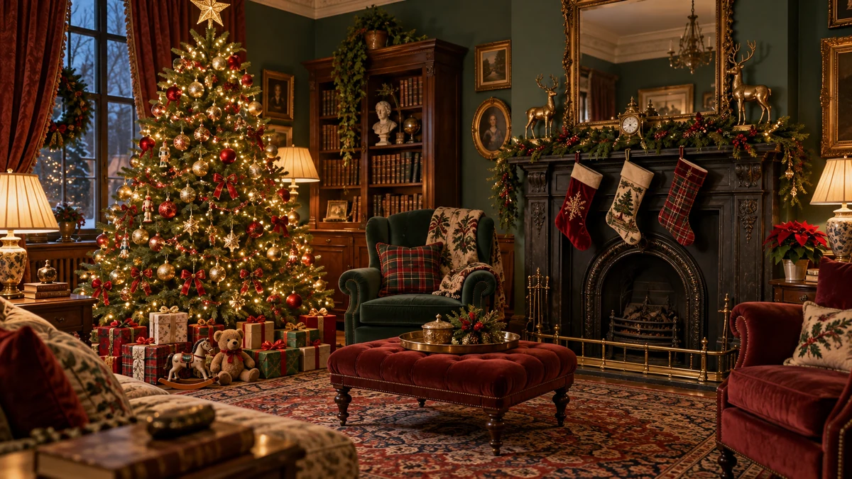 Conceptual illustration of a Victorian-style Christmas room