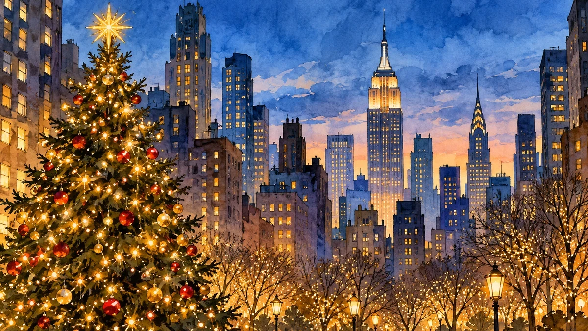Conceptual illustration of Christmas lights in a New York inspired city