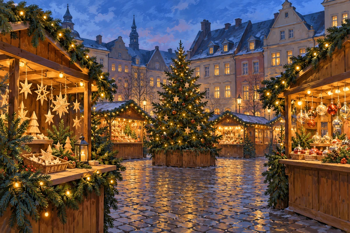 Conceptual illustration of festive market stalls in a winter square