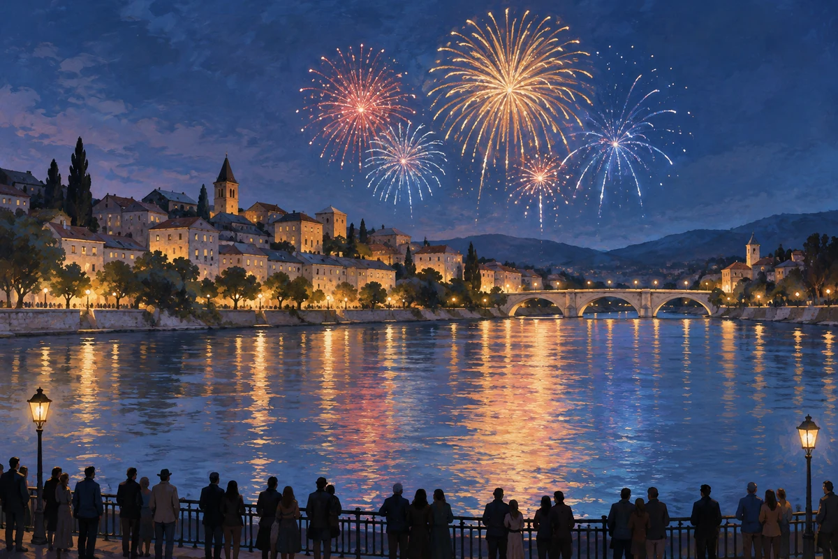 Conceptual illustration of fireworks above a European-style riverside town