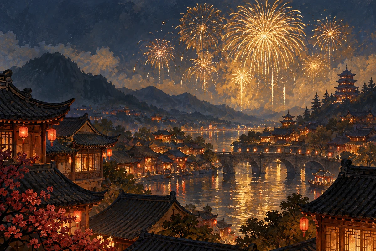 Conceptual illustration of fireworks over a Chinese-inspired town