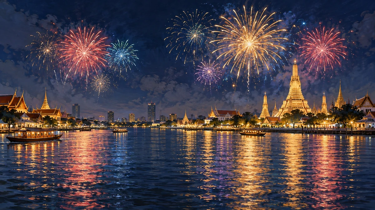 Conceptual illustration of New Year fireworks over a Thai-inspired river
