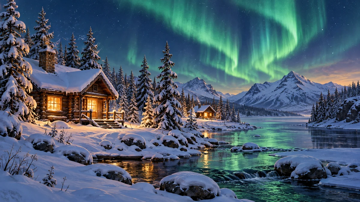 Conceptual illustration of northern lights above winter cabins