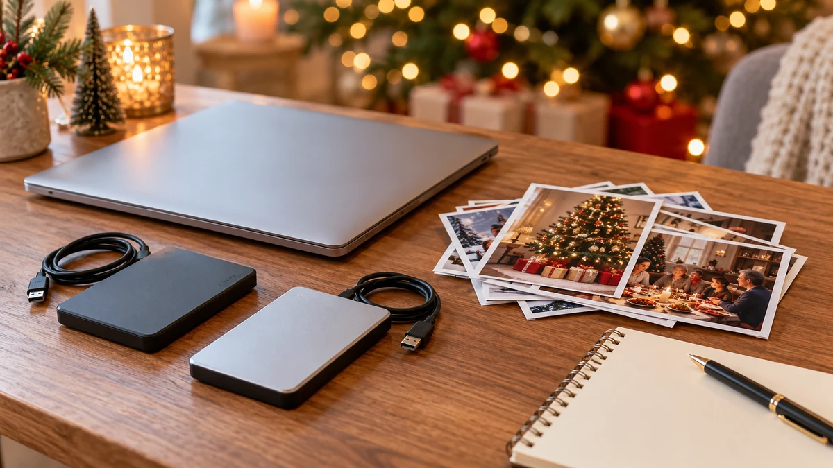 Conceptual illustration of separate storage drives and Christmas photo prints