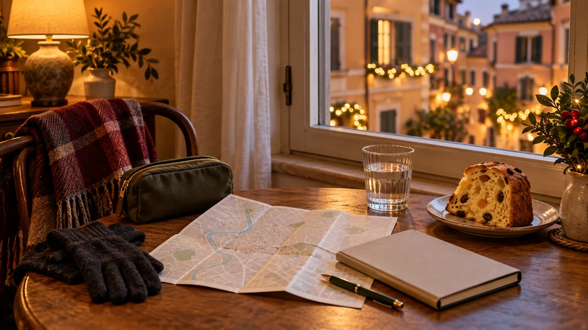Conceptual Italian guesthouse window with evening festive lights