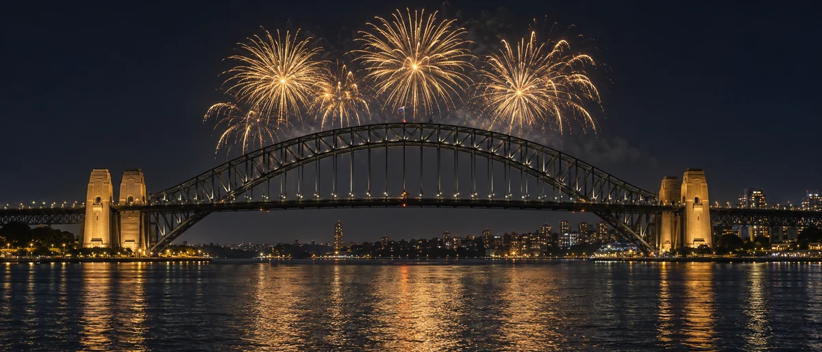 Conceptual New Year fireworks above Sydney Harbour Bridge