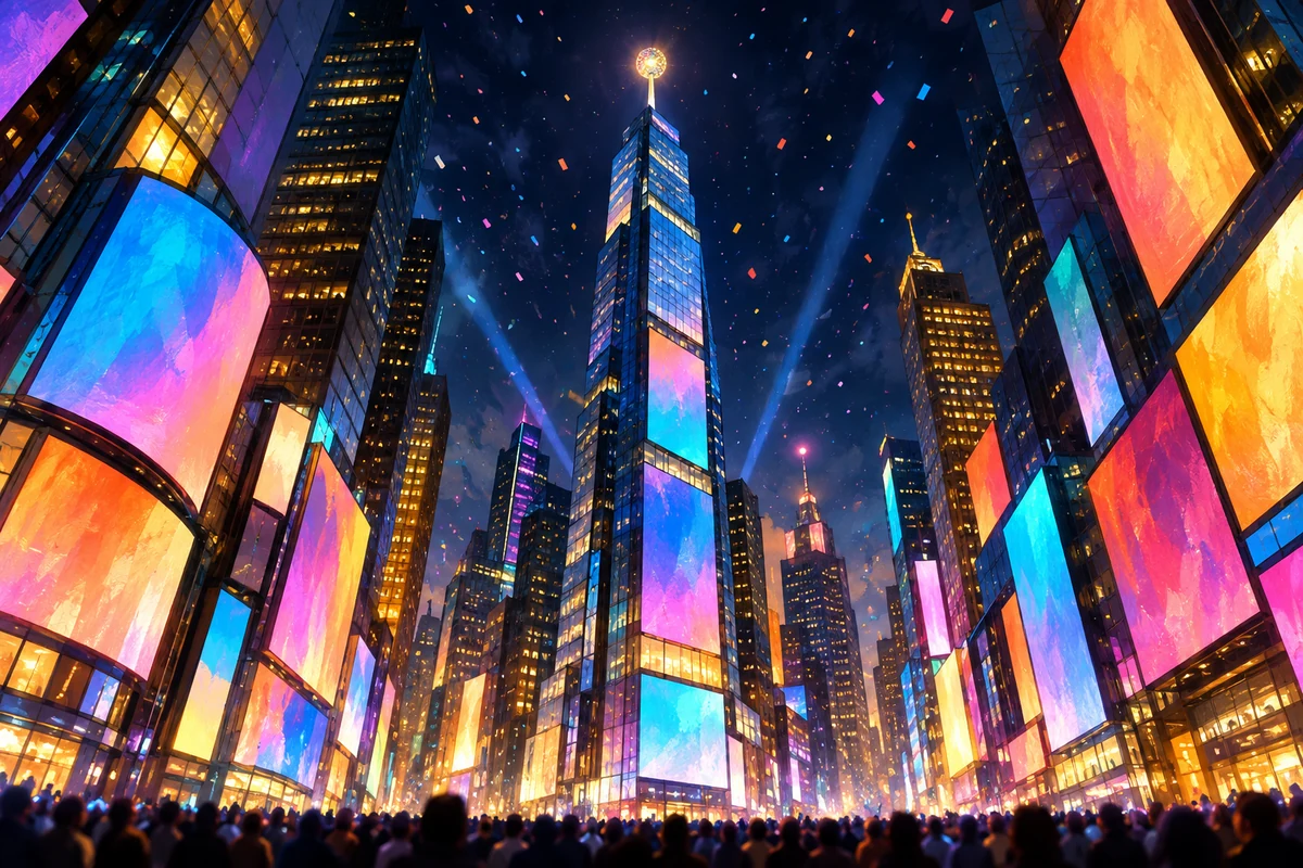 Conceptual night-time illustration inspired by a Times Square celebration