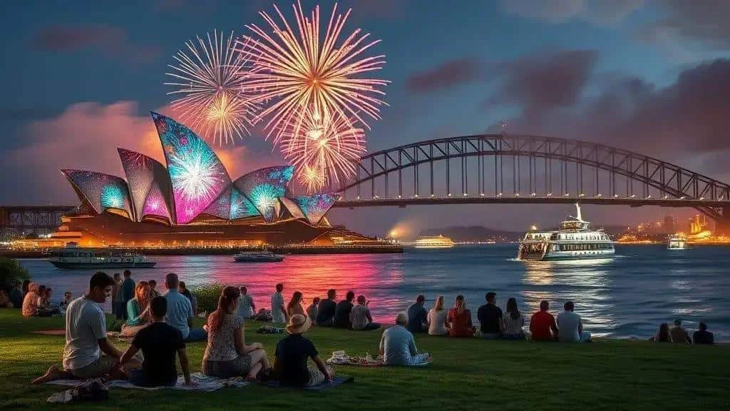 Conceptual picnic viewpoint overlooking Sydney harbour fireworks