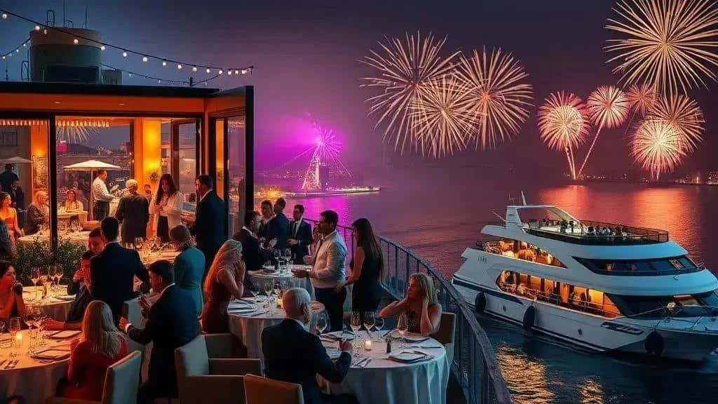 Conceptual riverside dinner and evening boat celebration Conceptual riverside dinner and evening boat celebration