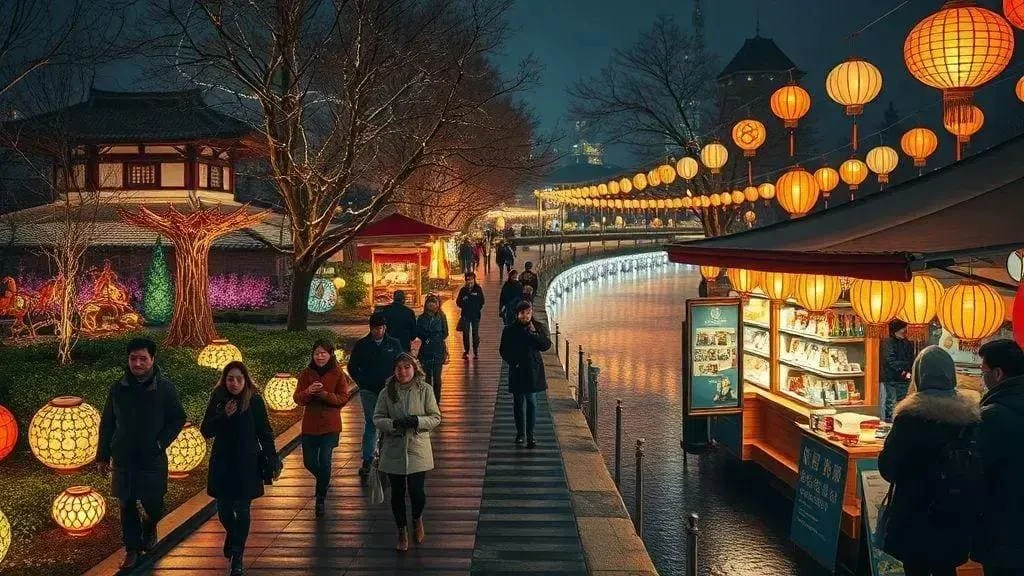 Conceptual riverside walkway decorated with glowing lanterns Conceptual riverside walkway decorated with glowing lanterns