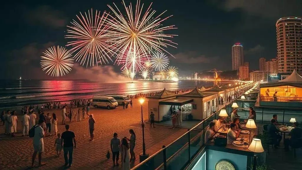 Conceptual seaside New Year celebration viewed from a restaurant