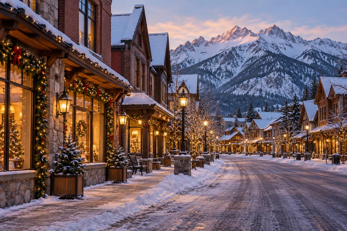 Conceptual snowy mountain town decorated with Christmas lights