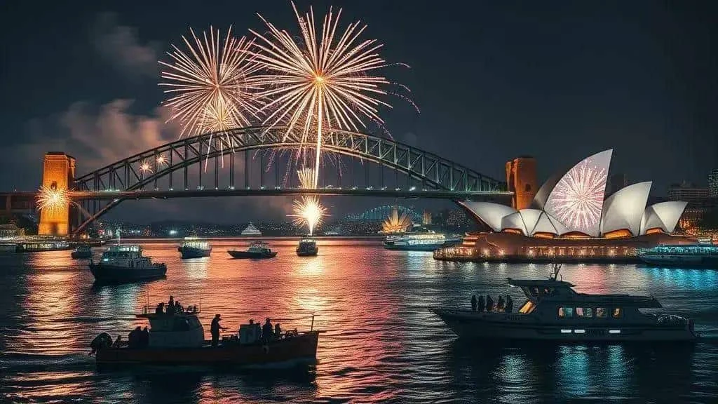 Conceptual Sydney Harbour New Year fireworks with boats