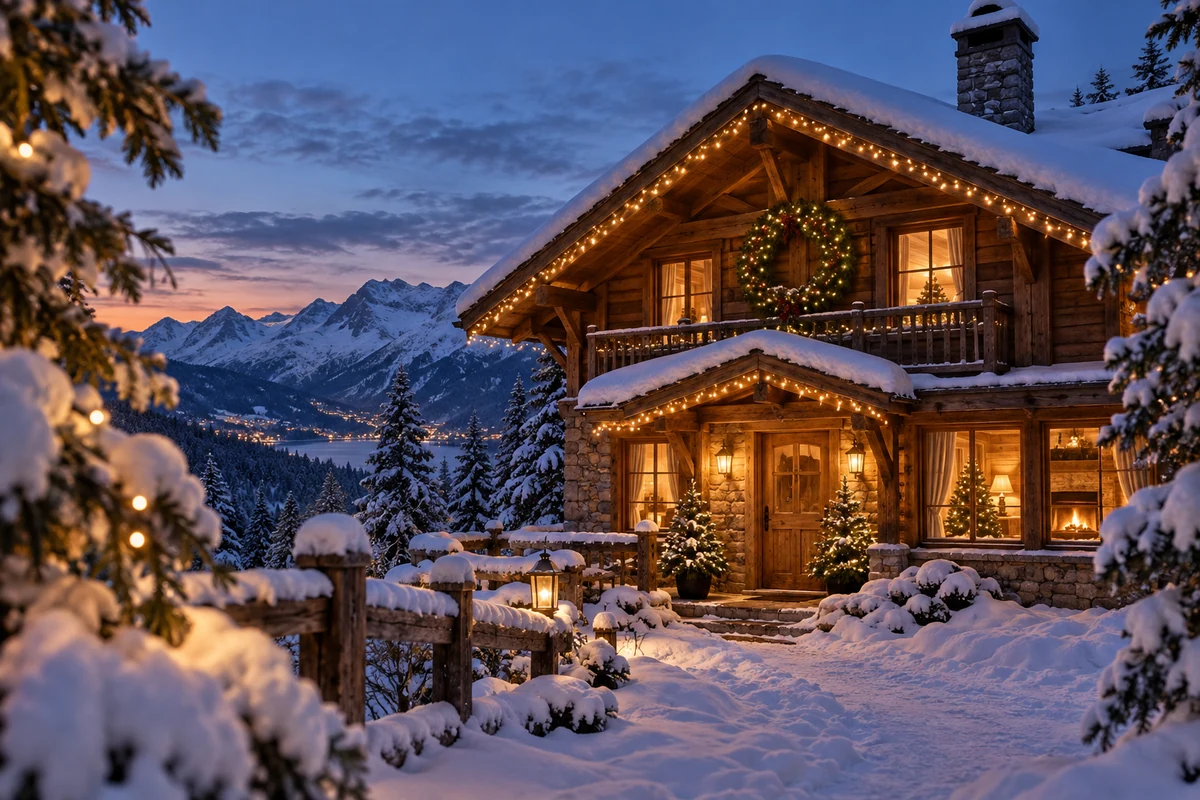 Conceptual timber chalet with Christmas lights in a snowy landscape