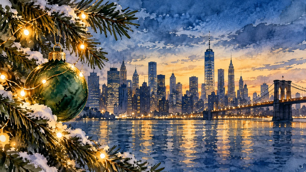 Conceptual watercolour illustration of Christmas in New York