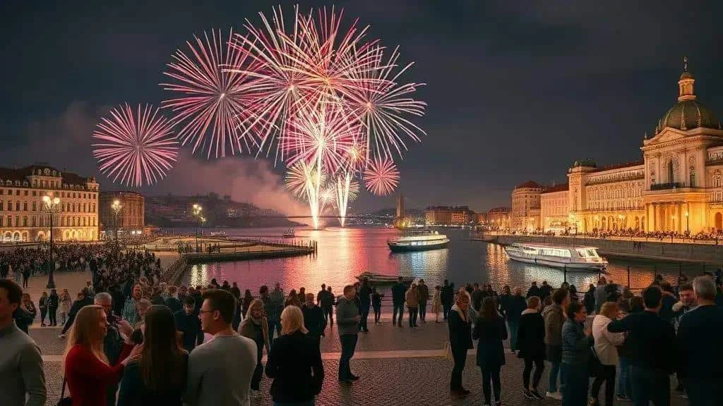 Conceptual waterfront celebration with New Year fireworks Conceptual waterfront celebration with New Year fireworks