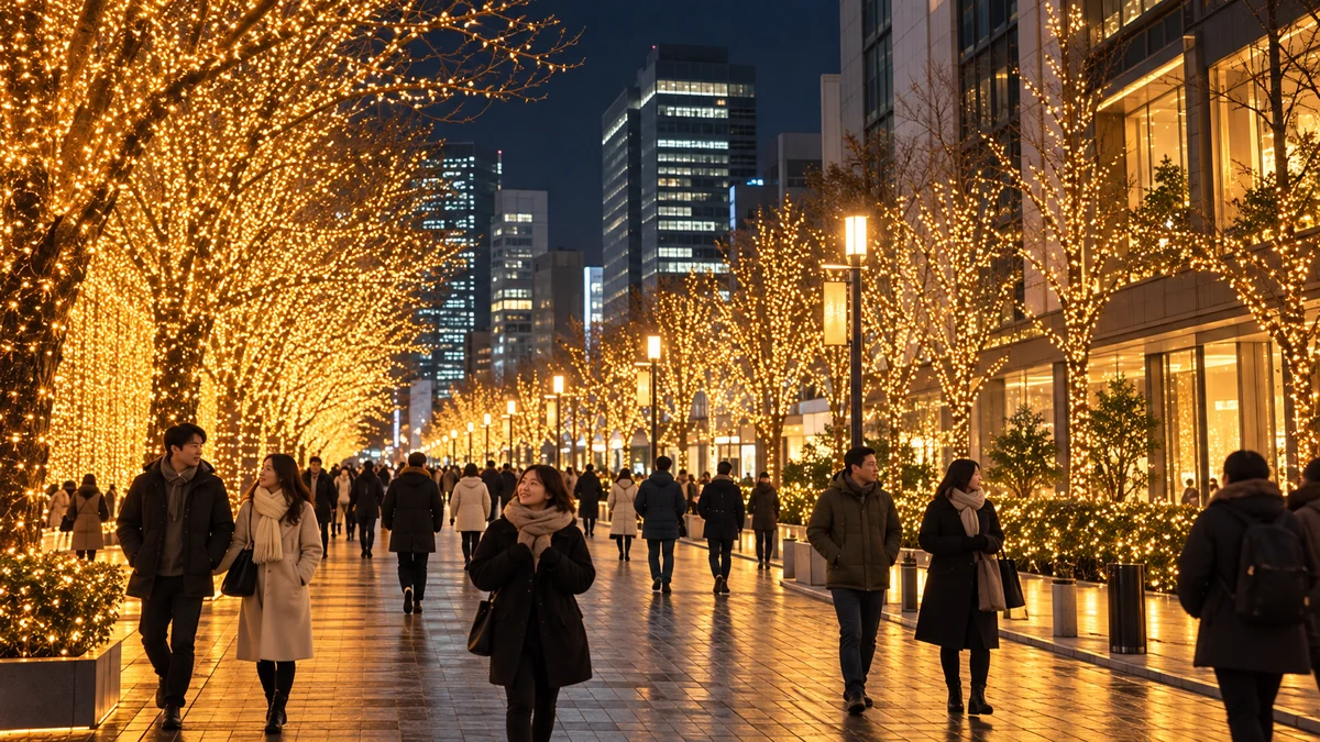 Conceptual winter illumination displays along a city street Conceptual winter illumination displays along a city street