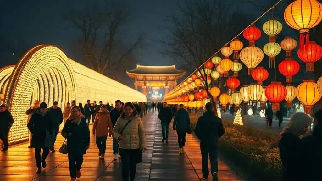 Conceptual winter lantern festival with visitors walking beside a light tunnel Conceptual winter lantern festival with visitors walking beside a light tunnel