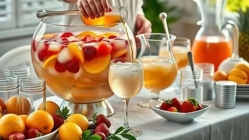 Cook adding juice to a bowl of fruit punch