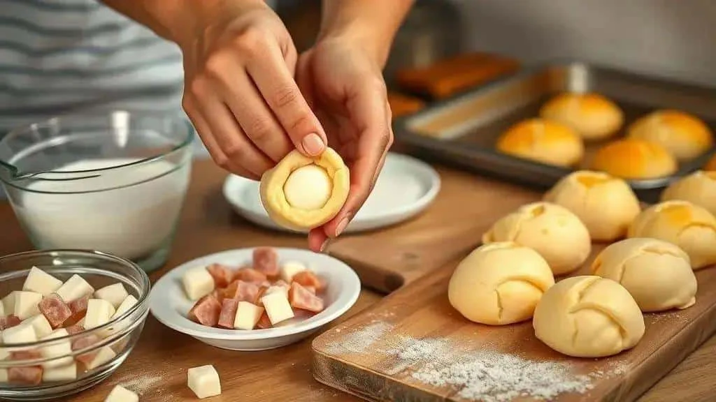 Cook filling a tapioca cheese bread ball Cook filling a tapioca cheese bread ball