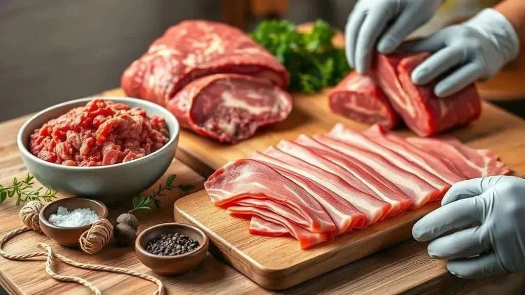 Cook preparing bacon beside minced beef