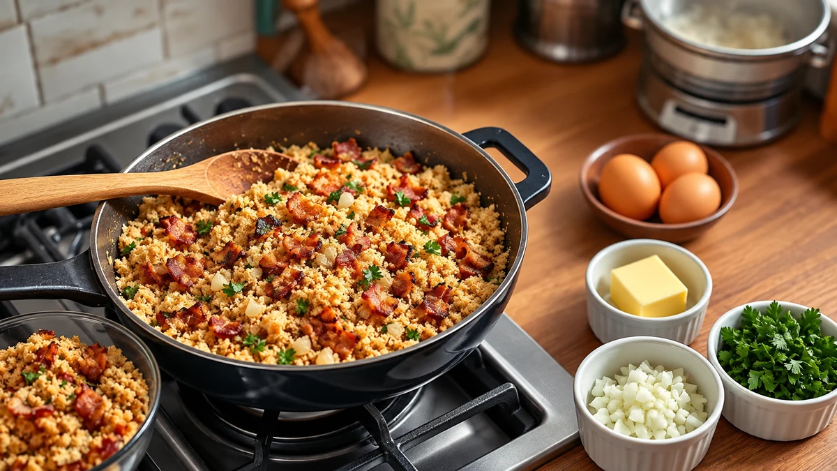 Cooked bacon farofa in a frying pan with a wooden spoon