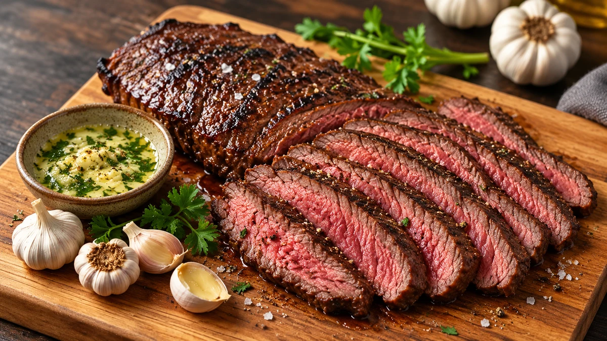 Cooked bavette steak beside a food thermometer