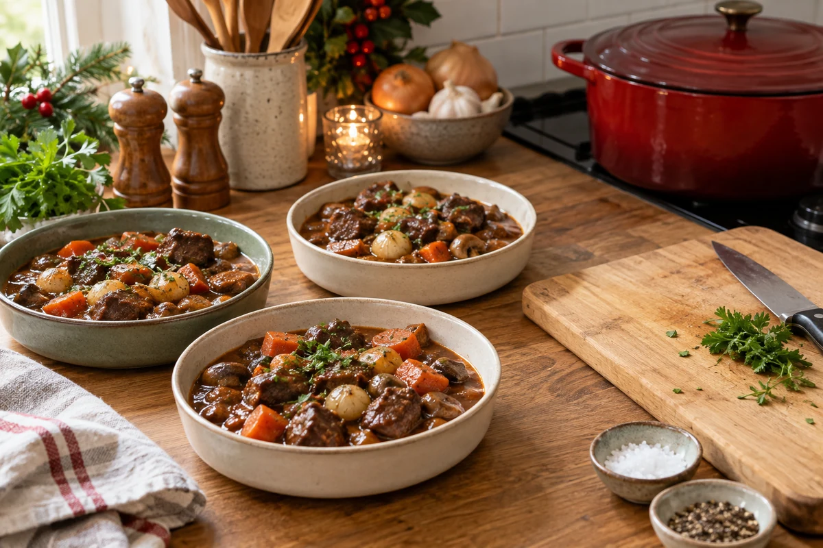 Cooked beef casserole divided into three shallow containers beside a clear space for meal preparation