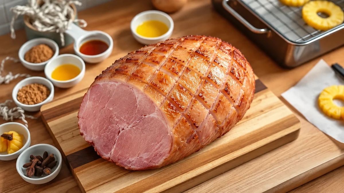 Cooked boneless ham prepared with shallow diamond scoring