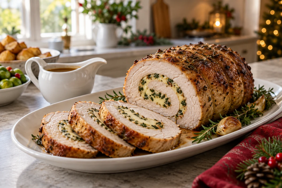 Cooked cheese and herb stuffed pork loin with gravy