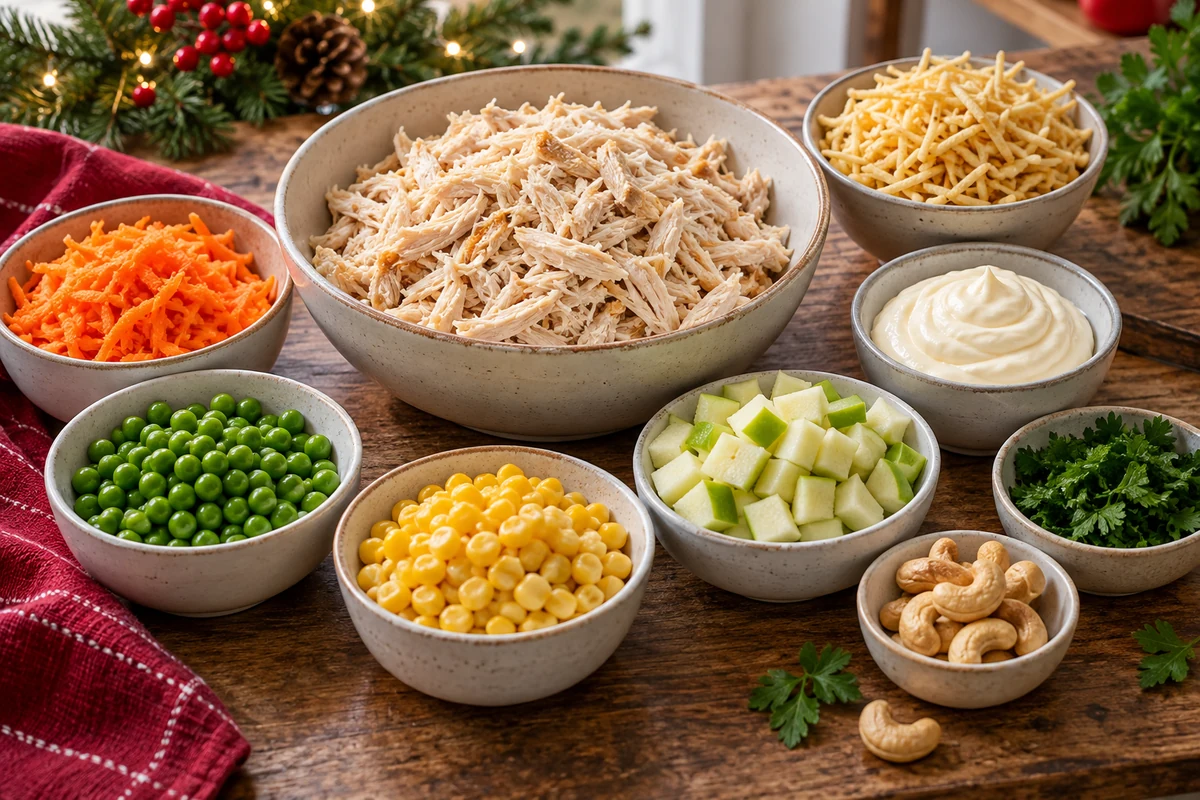 Cooked chicken and salad ingredients