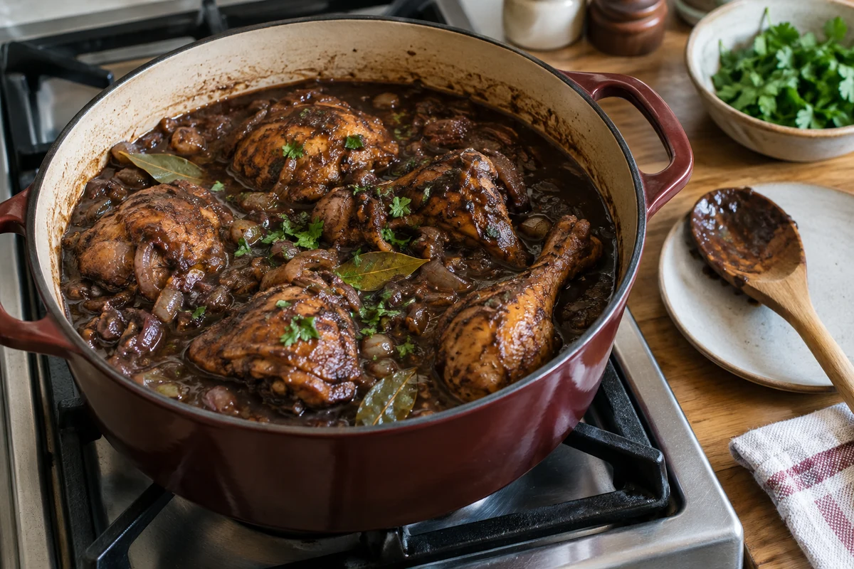 Cooked chicken in dark cabidela sauce in a casserole Cooked chicken in dark cabidela sauce in a casserole