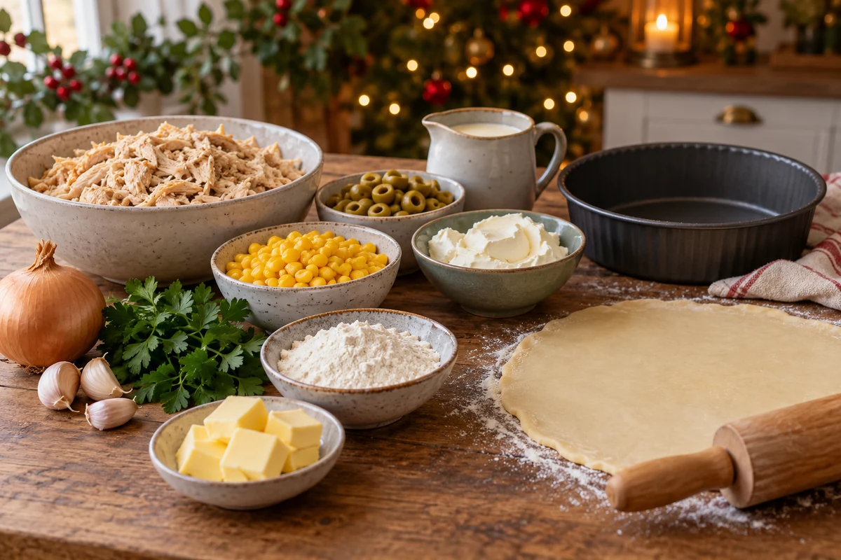 Cooked chicken, pastry and ingredients for Brazilian empadao