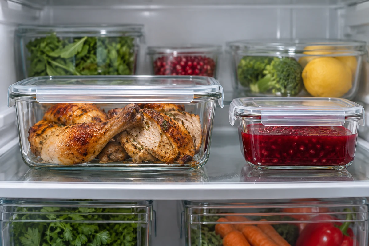 Cooked chicken portions stored in covered fridge containers