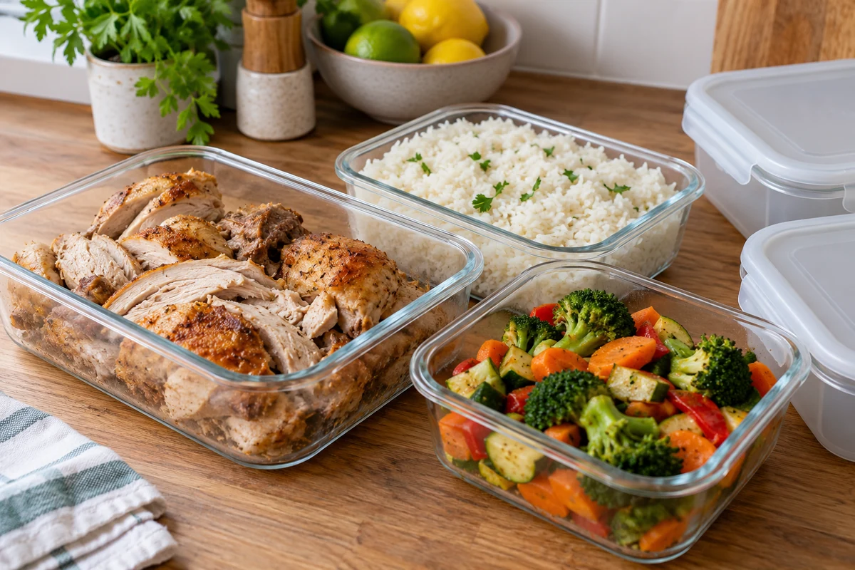 Cooked chicken, rice and vegetables in meal containers