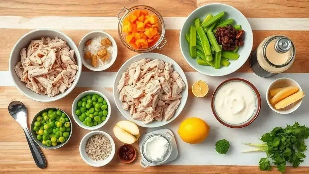 Cooked chicken vegetables fruit and dressing ingredients